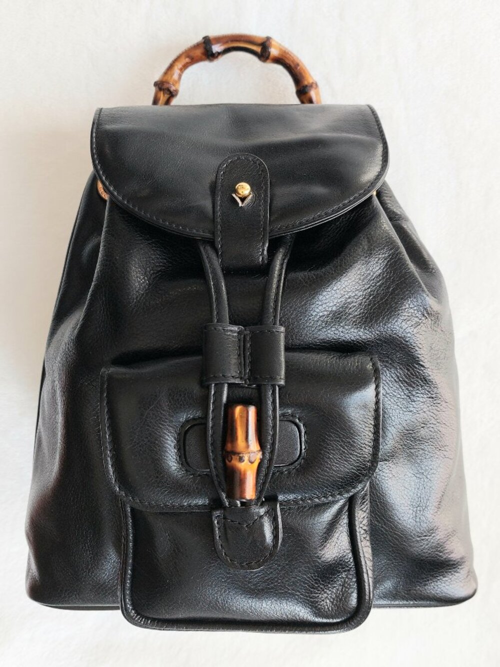 Vintage Gucci Black Calfskin Bamboo Mini Backpack w/Green Jacquard Lining 90s